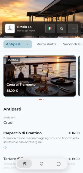 Il menù di Il Molo 34 sul telefono: la copertina del locale, le categorie e i primi piatti con i prezzi.